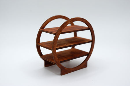 A three-tier wooden display shelf with a circular frame design, made from medium brown wood with a visible grain, photographed on a seamless white background.